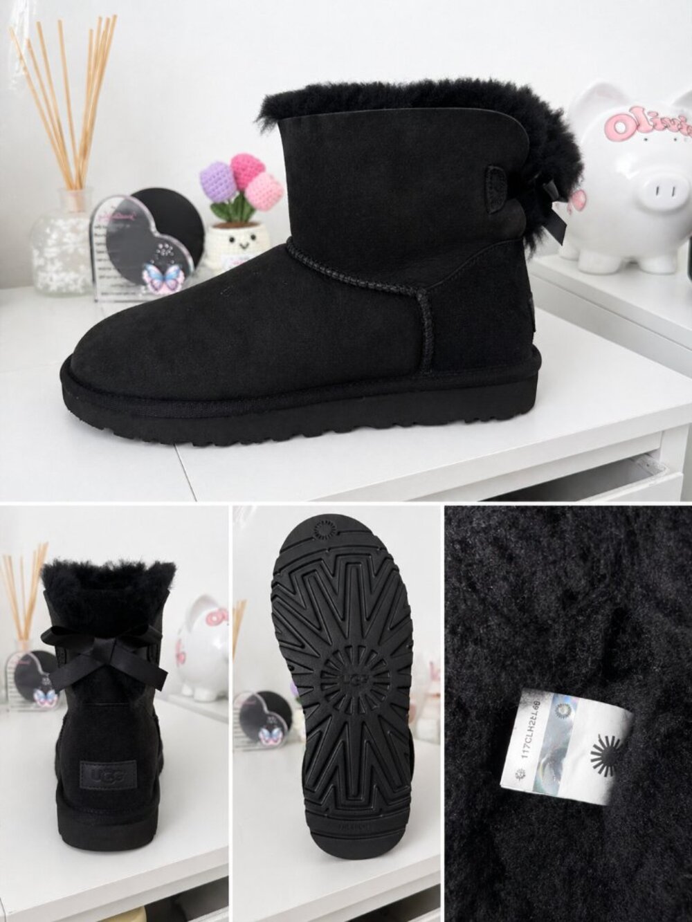 UGG Black Mini Bailey Bow II Boots Women’s Size 8 Fur Lined
